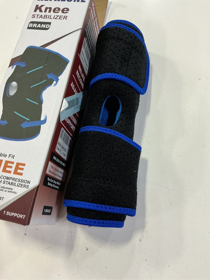Condition photo showing Good Condition for adjustable knee brace with side stabilizers for running, compression knee support for meniscus tear, arthritis, acl, lcl, knee pain relief for men & women, one size