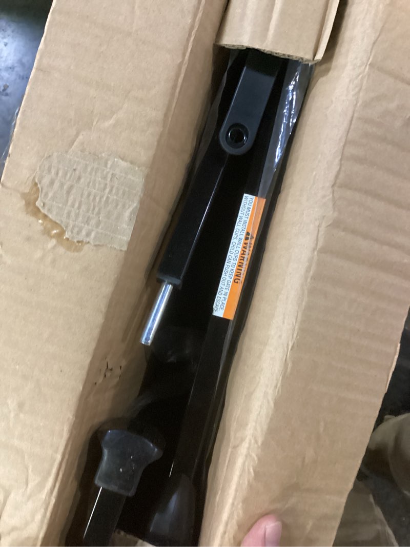 Condition photo showing As Is for carlson extra wide walk through pet gate with small pet door, includes 4-inch extension kit, pressure mount kit and wall mount kit, black