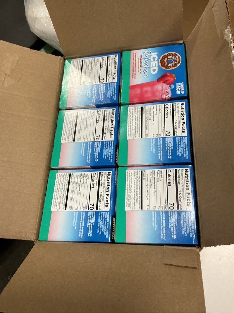 Condition photo showing Good Condition for (best by 21 jul 2026) the original donut shop iced refreshers, strawberry açaí flavor, keurig single serve k-cup pods, 60 count (6 packs of 10) strawberry acai refresher 10 count (pack of 6)