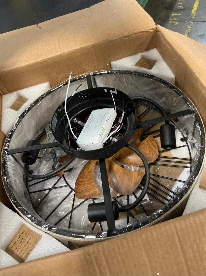 Condition photo showing Good Condition for 20''boho ceiling fans with lights and remote flush mount, caged low profile ceiling fan with light, small bladeless rustic burlap fandelier 6 speeds for bedroom kitchen living room,with bulb burlap (with light bulb)