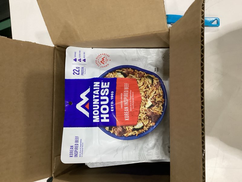 Condition photo showing New/Like New for Mountain House GlutenFree Korean Inspired Beef FreezeDried Food for Camping, 12 Servings, 30Year ShelfLife 6 Pack