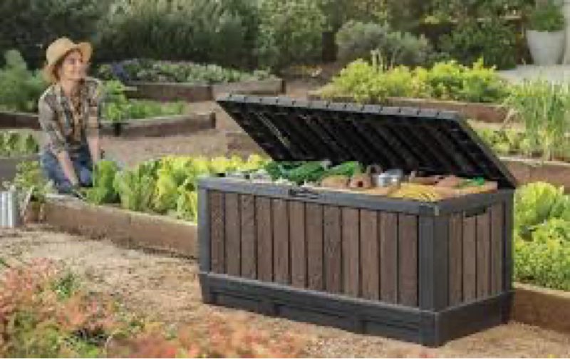 keter signature collection 92 gallon resin deck box organization and storage box for patio outdoor c