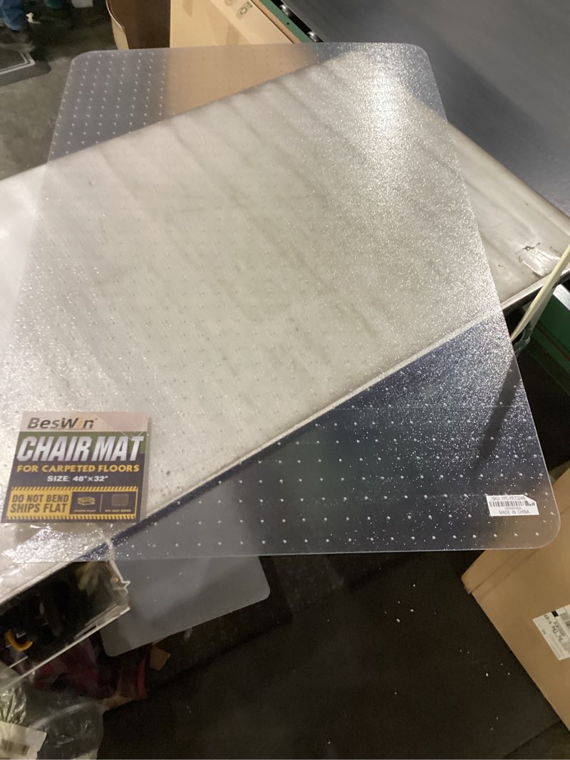 Condition photo showing As Is for BesWin Office Chair Mat for Carpet, 32" x 48" Heavy Duty Hard Computer Desk Chair Mat for Carpeted Floors, Anti-Slip Carpet Floor Protector Mat for Office Chair, Smooth Glide, Ship Flat 32"x48"
