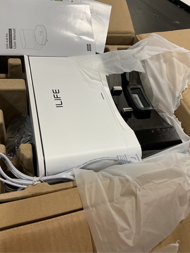 Condition photo showing As Is for ILIFE A30 Pro Robot Vacuum and Mop, Self Emptying Station for 60 Days, 5000Pa Suction, LiDAR Navigation, No-Go Zones, 2.4G WiFi/App/Alexa/Remote Control, Clean Hard Floors to Medium-Pile Carpet, 110V