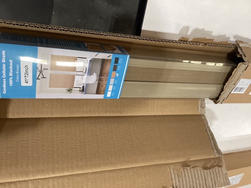 Condition photo showing Good Condition for myshade cordless blackout window blinds & shades pull down room darkening window shades light blocking honeycomb cellular shade for indoor windows easy to install 41 inch wide, h72 light brown blinds color-coordinated light brown 41"w x 72"h