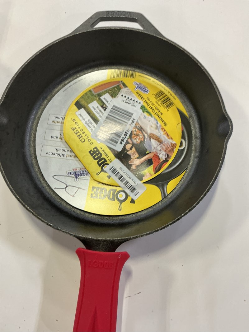 Condition photo showing As Is for lodge seasoned cast iron skillet 12 inches - quality frying pan for the stove, oven, grill & campfire - includes silicone hot handle holder - non-toxic, nonstick & long-lasting 12 inch + hot handle holder