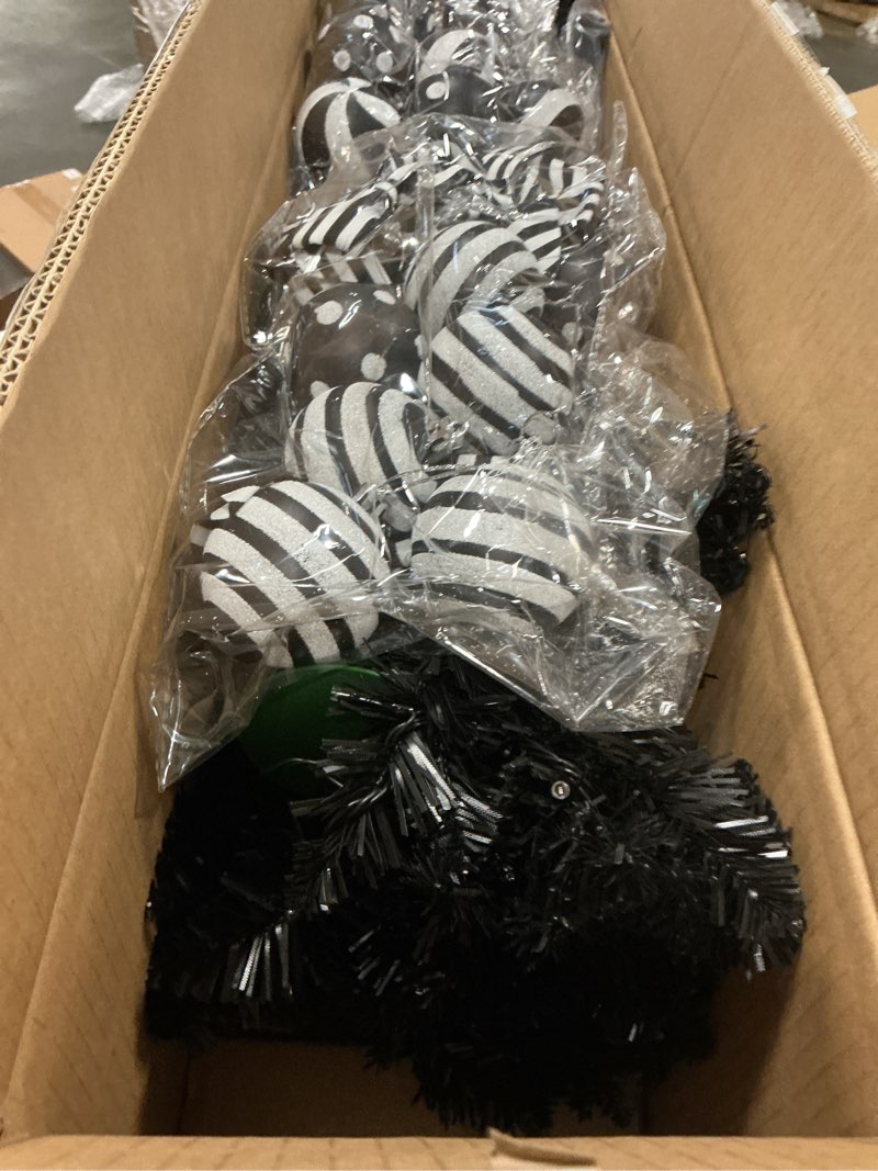 Condition photo showing New/Like New for 32Pcs 5 FT Christmas Tree with Light and Nightmare Ornament Before Bendable Whimsical Christmas Tree with Black White Bow Ball 8 Modes String Light Crooked Bent Top for Home Decor?Black?