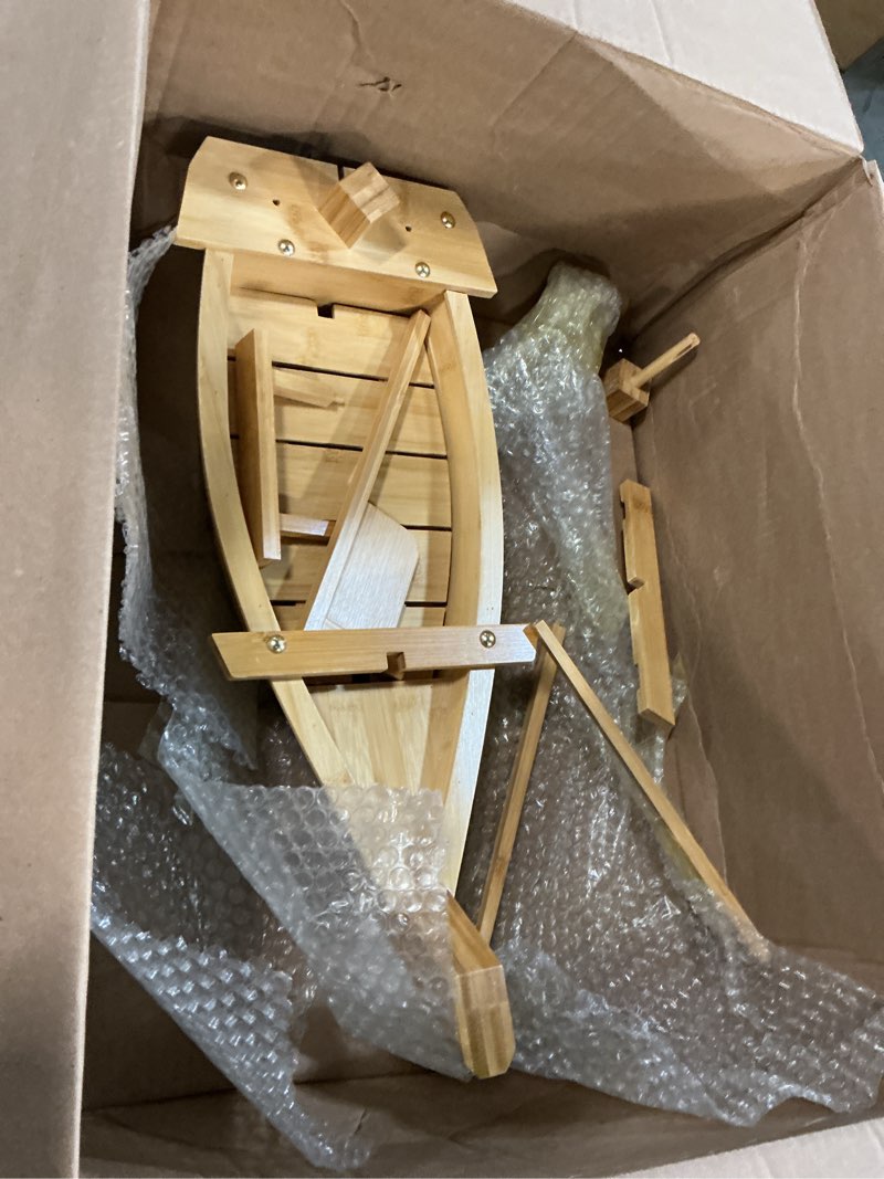 Condition photo showing Good Condition for wooden sushi boat serving tray, 20.5 inch sushi plate for restaurant or home, large size sushi tray serving boat plate for restaurantware (52cm/20.5inch) 28" x 9.4" x 3"