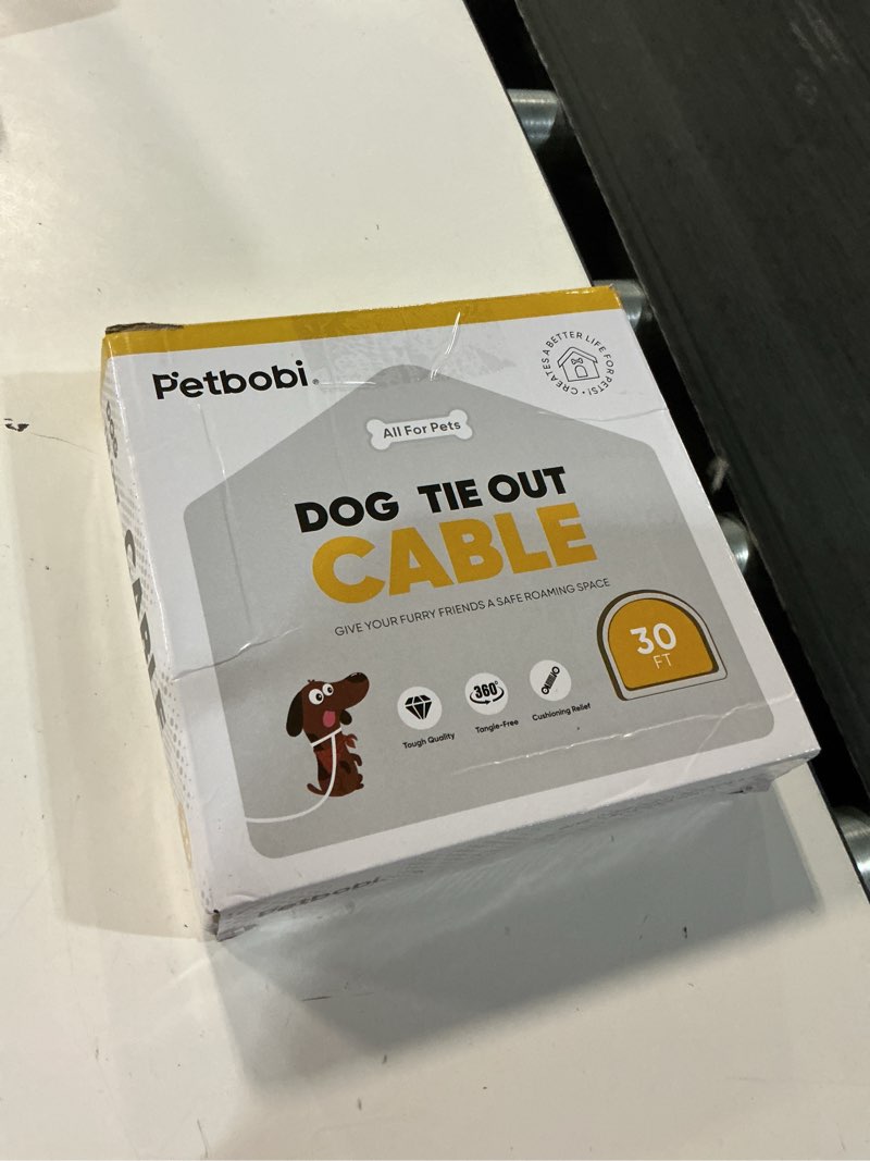 Condition photo showing New/Like New for petbobi dog tie-out cable 30ft -heavy duty dog lead up to 120 lbs, outdoor leash metal cable with shock spring 360° swivel clips, for yard camping, fit small medium large pets, blue 30 ft blue