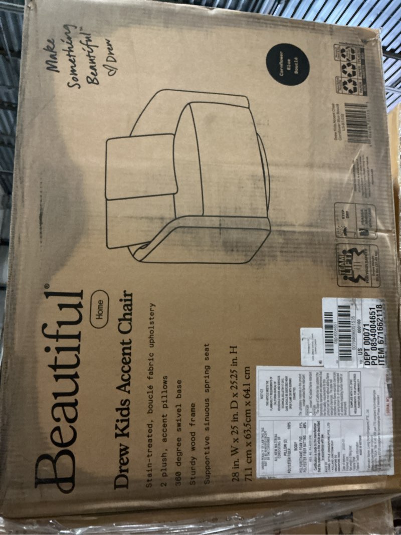 Condition photo showing New/Like New for beautiful drew kids accent chair by drew barrymore, rose bouclé fabric