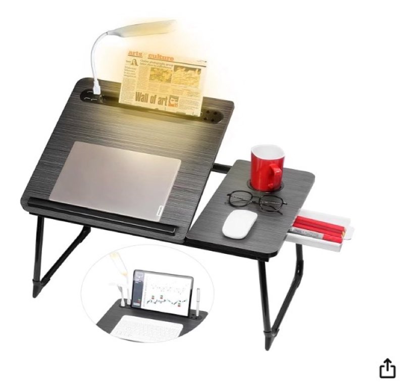 cloudtrip plus xl adjustable laptop desk with light, usb port, ipad holder, drawer storage - larger 23.6in adjustable lap desk for bed, home office, breakfast tray, fordable legs desk (black)