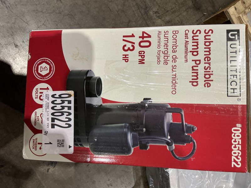 Condition photo showing As Is for utilitech cast aluminum submersible sump pump 1/3 hp 40 gpm 0955622 9ft cord