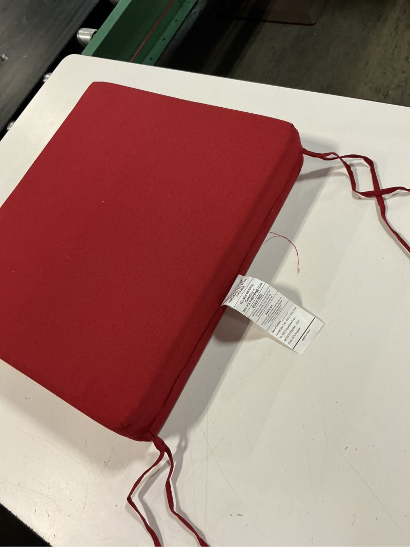 Condition photo showing As Is for square outdoor seat cushion 18.5x16x3 inch, red bistro chair cushions replacement, waterproof fade-resistant patio furniture cushion, 3 inch thick outdoor chair pads with ties and hidden zipper 16x16x3 in red