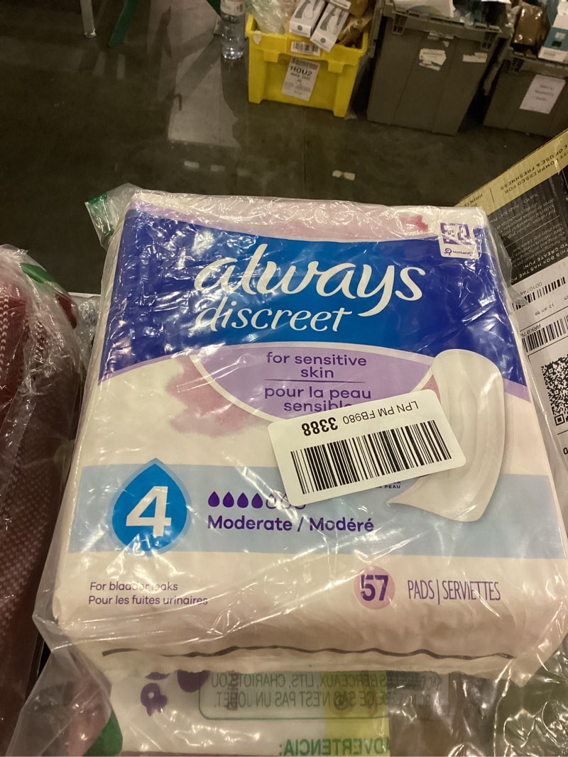 Condition photo showing New/Like New for Always Discreet Incontinence Pads for Women with Bladder Leaks, Sensitive Skin Pads Moderate Absorbency, Regular Length, 57 Count