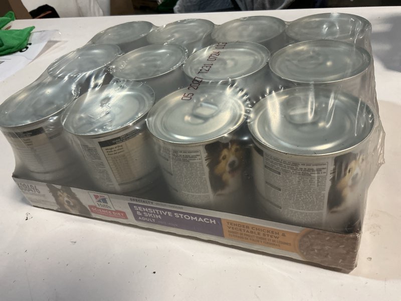 Condition photo showing New/Like New for ((Best By/05/2027))Hill's Science Diet Adult Sensitive Stomach & Skin Tender Chicken & Vegetable Stew Canned Dog Food, 12.5 oz., Case of 12