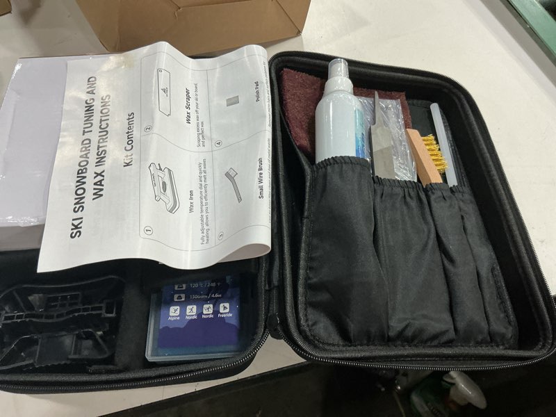 Condition photo showing New/Like New for ski/snowboard wax kit, ski tuning & waxing kit with wax iron, complete basic wax set - professional tuning equipment, all temperature wax, base cleaner, brush, wax scraper, p-tex, tuning stone basic(1 brush 1 scraper)