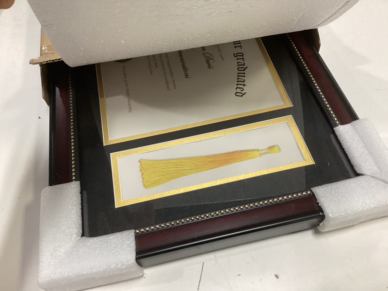 Condition photo showing Good Condition for upsimples 11x22 diploma frame with tassel holder for 8.5x11 certificate and 5x7 photo with black over gold mat, high definition glass, mahogany with gold beads, 1 pack mahogany 11x22