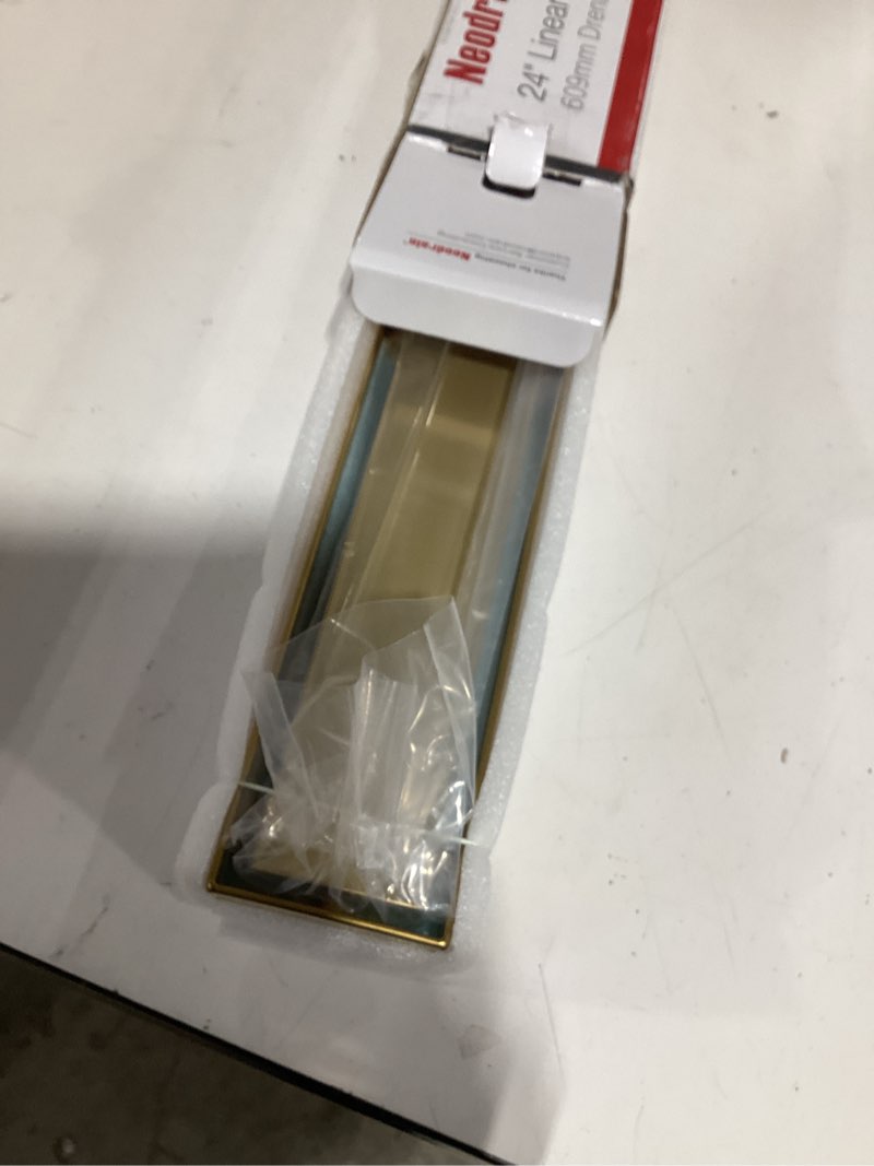 Condition photo showing As Is for neodrain 24-inch gold linear shower drain, 2-in-1 flat & tile insert cover, stainless steel linear drain, brushed brass rectangle shower floor drain with hair strainer, watermark&cupc certified golden 24 in