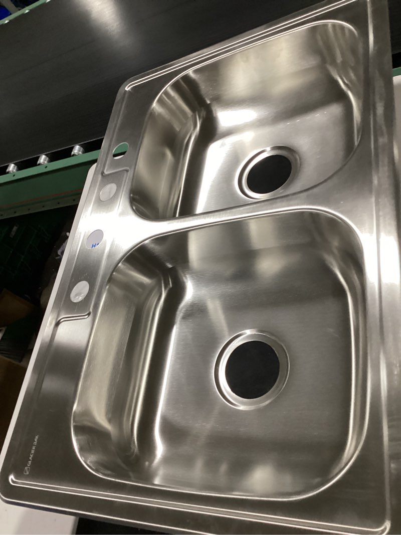 Condition photo showing As Is for 33 in. drop-in 50/50 double bowl 22 gauge stainless steel kitchen sink