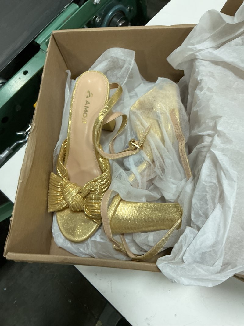 Condition photo showing New/Like New for amoji women's chunky platform heels 4'' bowknot heeled sandal wedding with ankle strap 302f4 9 champagnesatin