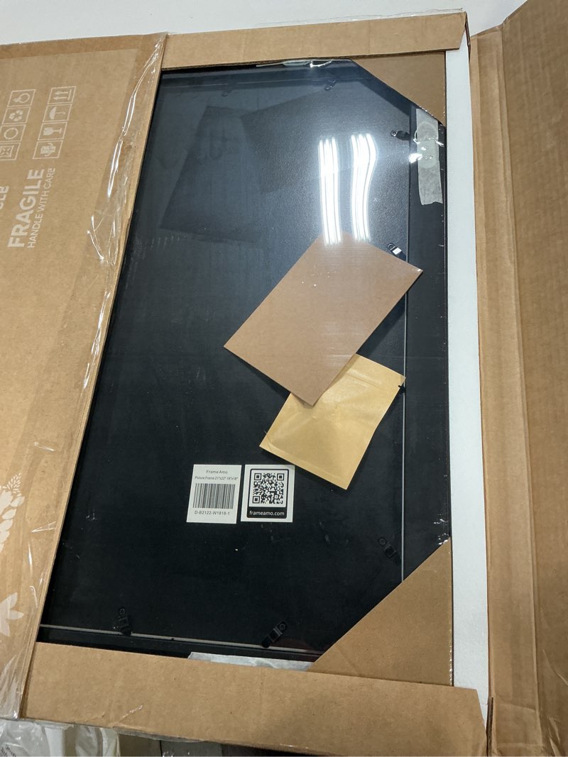 Condition photo showing Good Condition for Frame Amo 21x22 Black Solid Wood Poster Frame, White Mat for 18x18 Image, Tempered Glass Front, 1.5 inch Wide, 1 inch Thick, High-End, Heavy-Duty, Gallery Grade & Acid-Free Black 21x22