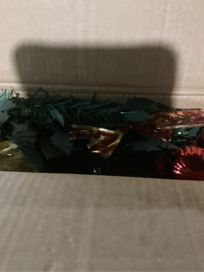 Condition photo showing As Is for VINGLI 6ft Pre lit Pop Up Christmas Tree with Lights, Pre-Decorated Artificial Pencil Xmas Tree Collapsible Christmas Tree Holiday Party Decorations (Red&Gold) 6FT Red & Gold