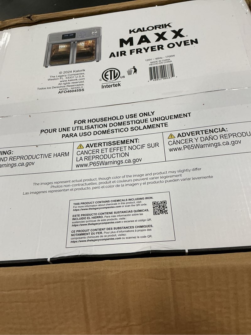 Condition photo showing Good Condition for Kalorik MAXX Air Fryer Oven, 26 Quart 10-in-1 Countertop Toaster Oven & Air Fryer Combo - Fry, Bake, Roast, Rotisserie, & More, Large Glass French Doors & 9 Accessories, 1700-Watts, Stainless Steel