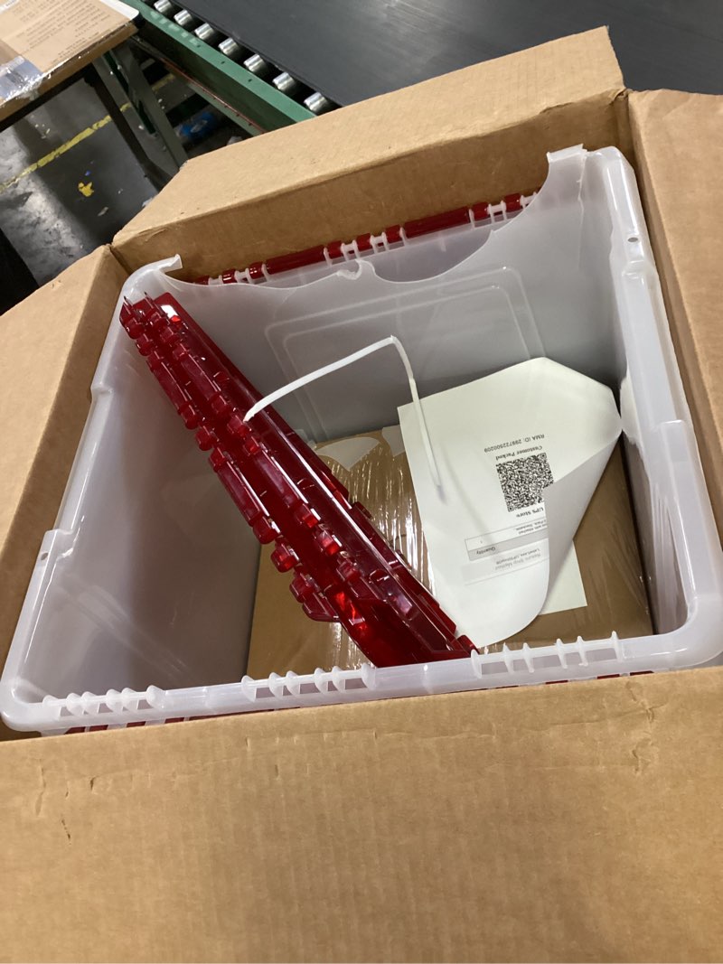 Condition photo showing As Is for IRIS USA Ornament Storage Box with Attached Lid, Stores 75 Ornaments per Bin, 2-Pack, Stackable Durable Christmas Storage Organization Container Bin for Holiday Decorations and Accessories, Clear/Red 60 Qt. - 2 Pack Winged Lid