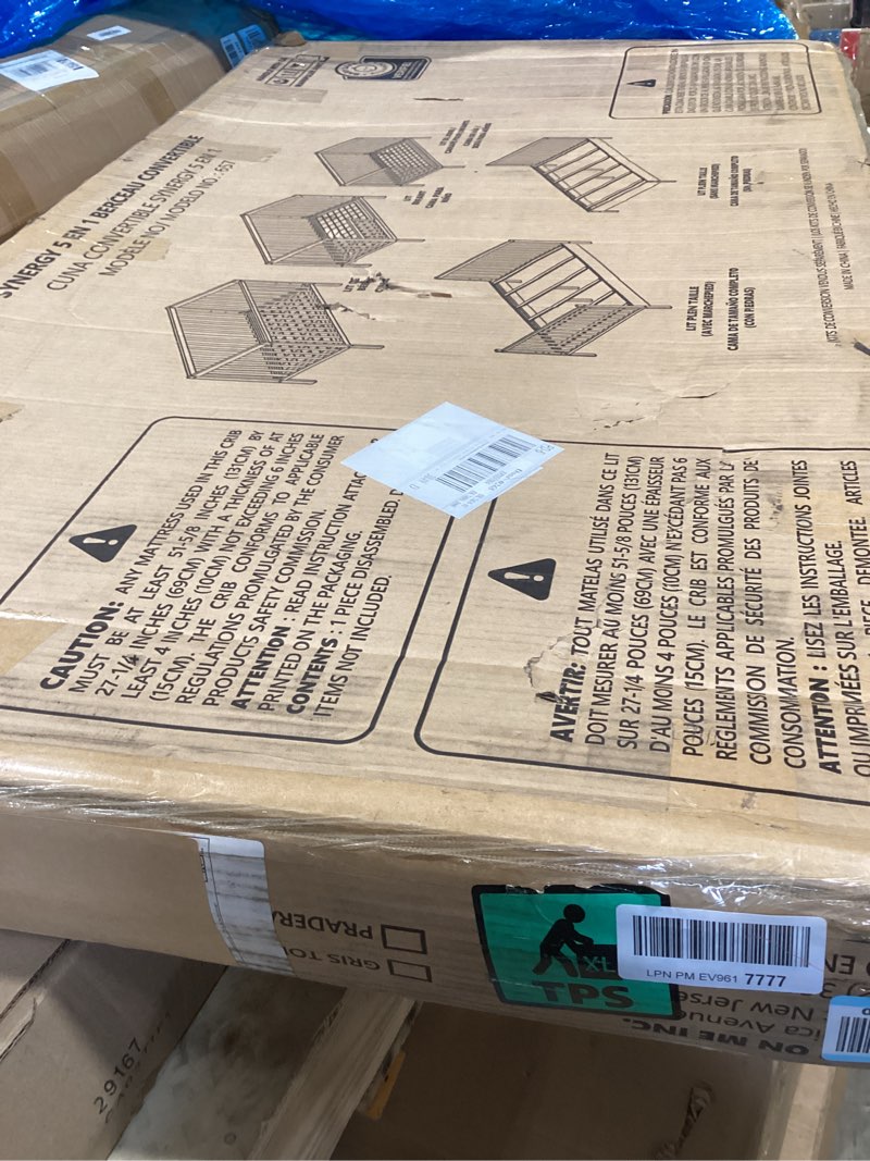 Condition photo showing Good Condition for dream on me synergy 5-in-1 convertible full-size baby crib with toddler, day & full bed conversion in cool grey, greenguard gold & bsa, 3 mattress heights, sustainable pinewood cool grey synergy