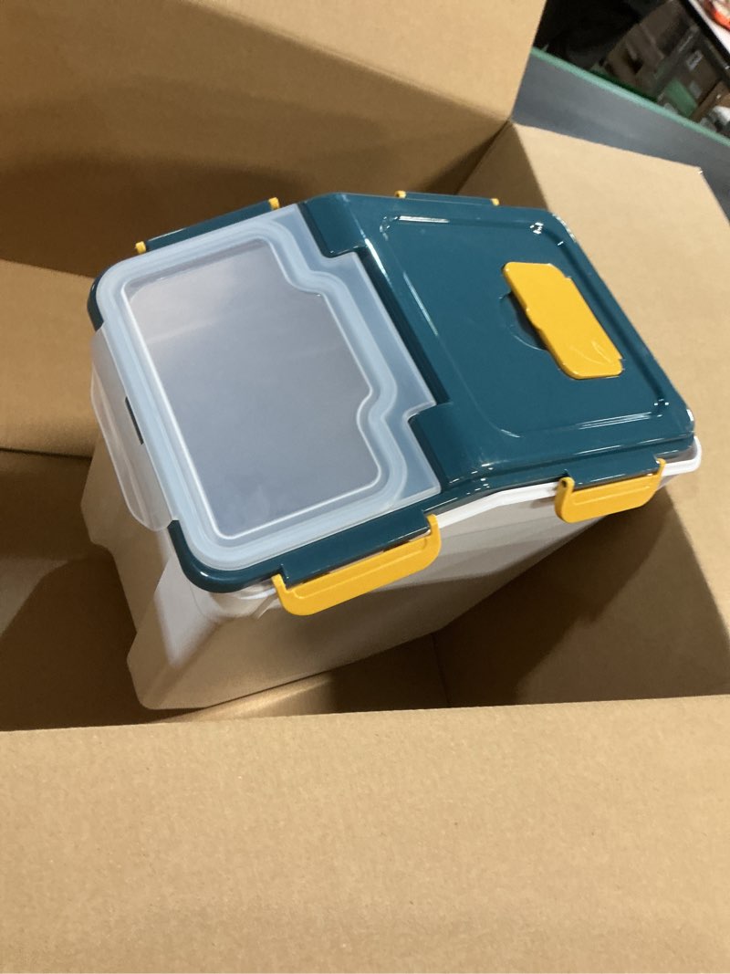 Condition photo showing Good Condition for 30LB Airtight Flour Rice Grain Cereal Storage Container With Spoon & Measuring Cup & Handle, Pet Dog Cat Dry Food Bin, Easy to Move & Keep Food Fresh & Lid Easy to Open Blue