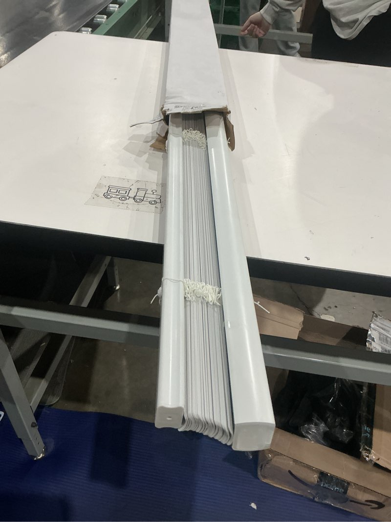 Condition photo showing As Is for project source room darkening 1-in slat width 58-in x 64-in cordless white vinyl room darkening mini-blinds