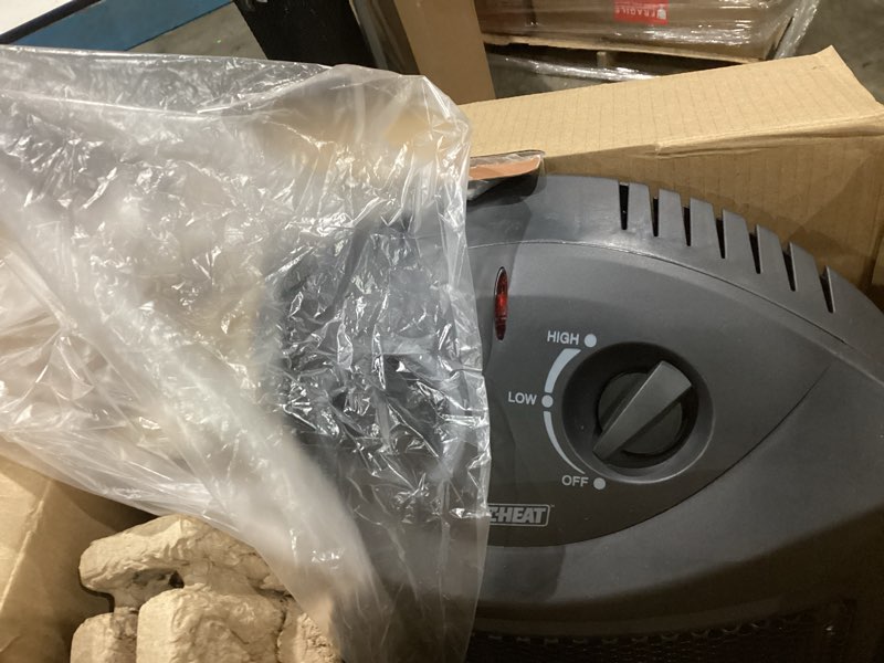Condition photo showing As Is for ez-heat 1,500-watt radiant quartz tower space heater with dual heating settings, adjustable thermostat, overheat protection, safety tip over switch, mg-qgw15-607