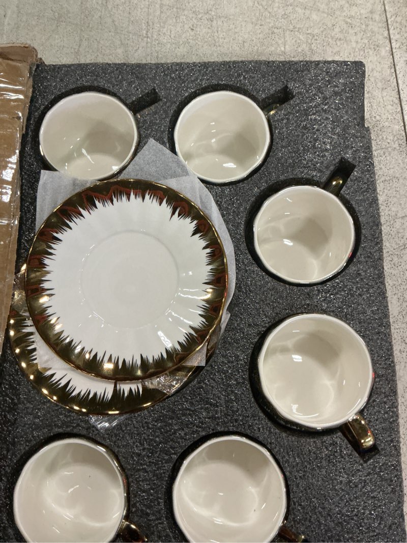 Condition photo showing New/Like New for coffee cup set of 6 with saucers, 3.5 oz ceramic espresso cups set, gold trim turkish coffee cup gift for cappuccino, latte, cafe mocha and tea, dishwasher & microwave safe