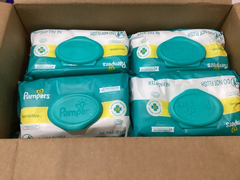 Condition photo showing As Is for Pampers Sensitive Baby Wipes, Water Based, Hypoallergenic and Unscented, 8 Flip-Top Packs, 4 Refill Packs (1008 Wipes Total) 84 Count (Pack of 12)