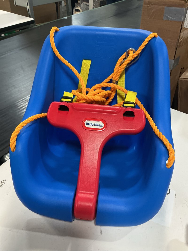 Condition photo showing As Is for little tikes snug 'n secure blue swing with adjustable straps, 2-in-1 for baby and toddlers ages 9 months - 4 years