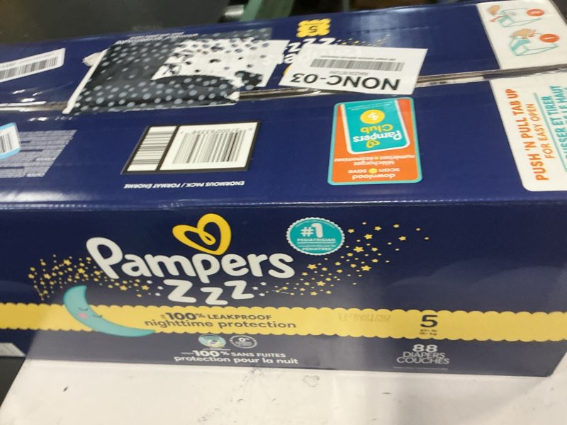 Condition photo showing New/Like New for pampers zzz overnight diapers, size 5 (27+ lbs), 88 count, nighttime protection disposable baby diaper, night time leak and skin protection size 5 88