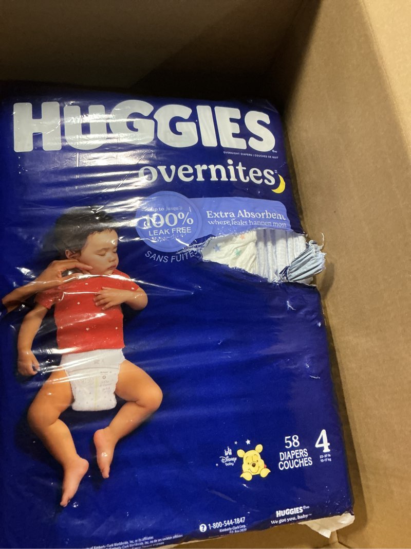 Condition photo showing As Is for Huggies Overnites Size 4 Overnight Diapers (22-37 lbs), 58 Ct, Packaging May Vary Size 4 58