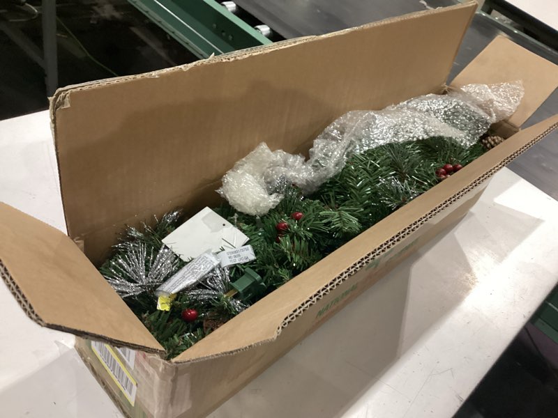 Condition photo showing Good Condition for national tree company 9 ft pre-lit crestwood spruce artificial christmas garland, christmas decoration with glitter, pinecones, red berries, 50 clear lights, 180 tips, green plug in tree