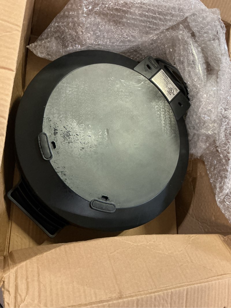 Condition photo showing As Is for chefman everything maker & pizza oven – 1440w countertop electric pizza maker with 12” nonstick cooking plates, plus makes quesadillas, omelettes and more, with indicator lights and vertical storage 13" x 15" x 4" midnight