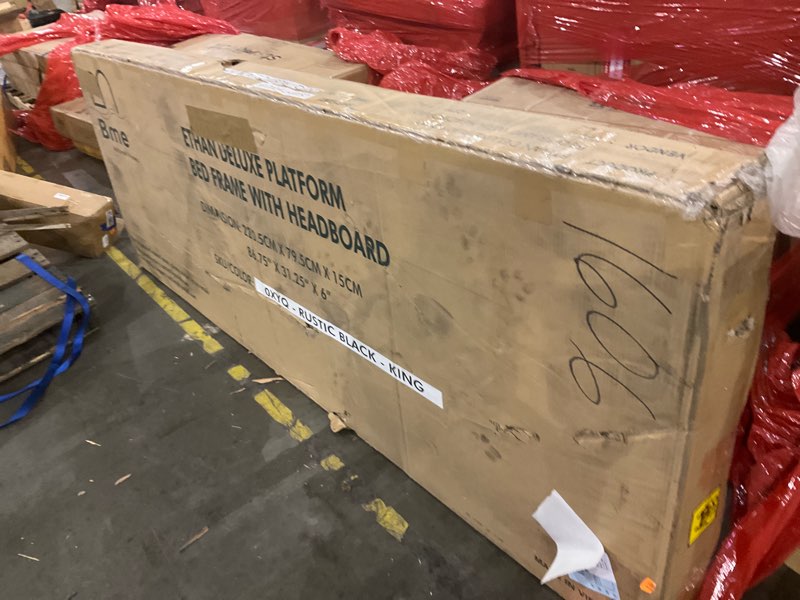 Condition photo showing Good Condition for Bme Ethan King Size Bed Frame with Diamond Headboard, Rustic Mid-Century Modern, Solid Acacia Wood, No Box Spring Needed, Slat Support, Rustic Black Ethan Rustic Black King (U.S. Standard)