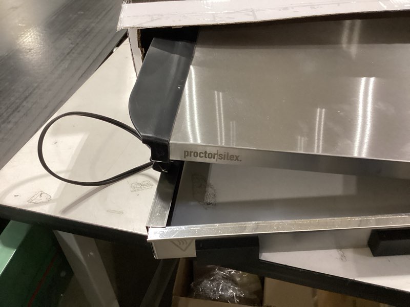 Condition photo showing As Is for Proctor Silex Buffet Server & Food Warmer, Adjustable Heat, for Parties, Holidays and Entertaining, Three 2.5 Quart Oven-Safe Chafing Dish Set, Stainless Steel