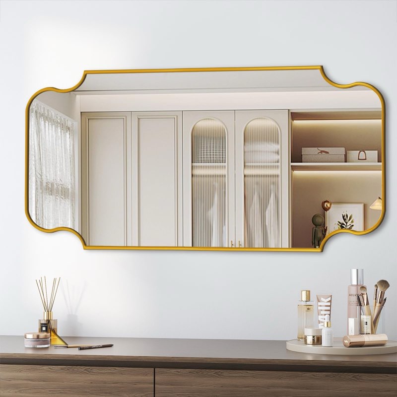 pozino wooden bathroom mirror, 24"x47" vanity mirror for over sink, gold rectangular mirror with dec
