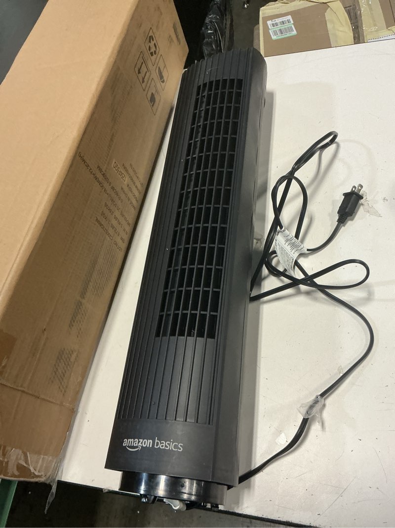 Condition photo showing New/Like New for amazon basics 28" 60-degree oscillating tower fan for bedroom, living room, office, with 3 speeds, intuitive mechanical control, black, 35w, 27.8"h x 9.4"d x 9.4"w 28" - mechanical control