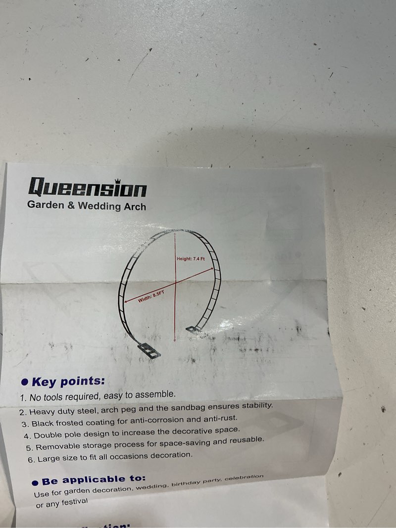 Condition photo showing As Is for (Similar)Queension Metal Arch Backdrop Stand 8Ft Wide 7Ft High, Wedding Arch Frame for Wedding Decorations, Balloon Arch Stand with Base for Ceremony, Outdoor Garden Arch Trellis for Climbing Plants, Gold Gold 7FT