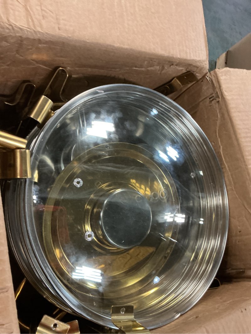 Condition photo showing Good Condition for warmounts gold chafing dishes for buffet 2 pack, 5qt stainless steel round chafers and buffet warmers sets with glass lid & lid holder, stackable design, for catering events, parties, weddings gold 2