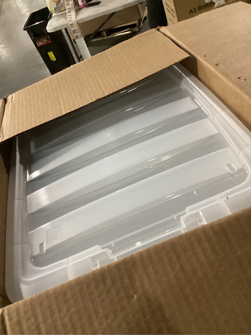 Condition photo showing Good Condition for similar to photo) lifetime appliance parts 6 pack 34 qt. plastic storage bin tote organizing container with ultra durable lid & secure latching buckles stackable extra strength clear w/black handle 34qt - 6 pack