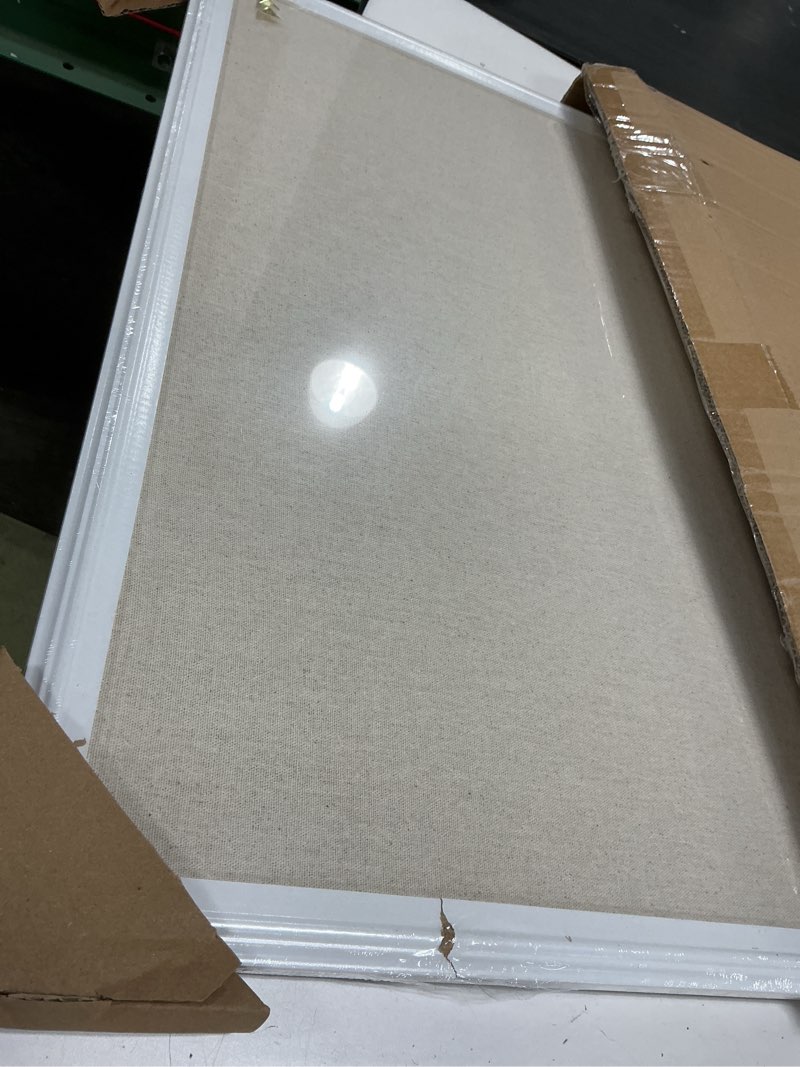 Condition photo showing As Is for u brands farmhouse linen bulletin board, 24" x 18", white wood style frame, industrial grade pinning surface 24"x18" natural linen