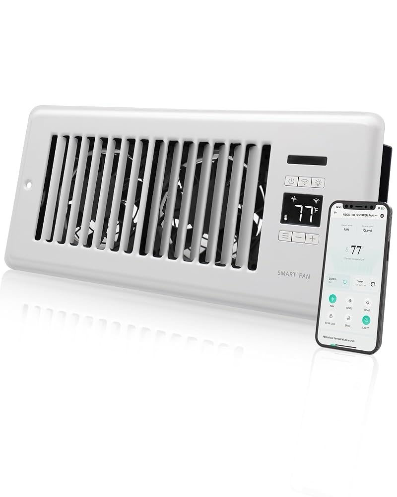 Super Quiet Register Booster Fan for 4\" x 10\" Register Holes, Smart Register Vent with Dual Intelligent Thermostat and WIFI App Control, Heating Cooling AC Vent Fan (ORB) 4\" x 10\" White