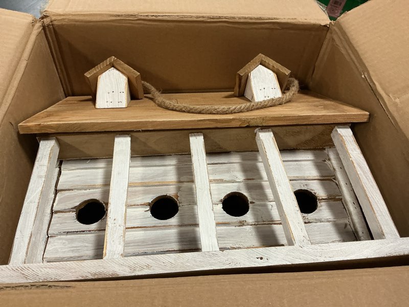 Condition photo showing As Is for glitzhome 14.25”l wood hanging birdhouse for outdoors oversized distressed cottage painted bird house rustic bird house for bluebird wren chickadee sparrow bird nest box for garden patio, washed white 14.25"l white 4-room villa