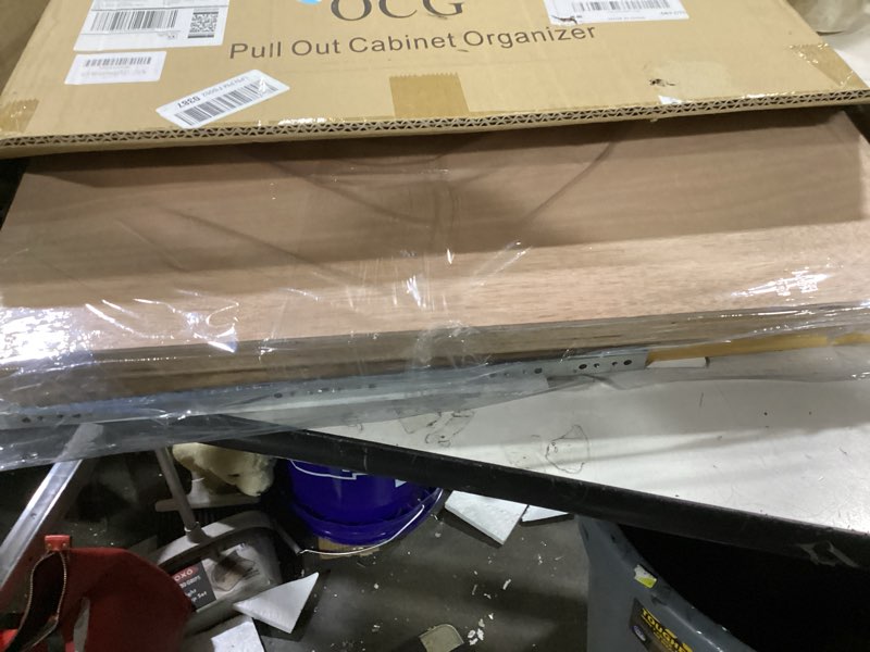 Condition photo showing As Is for ocg 2 tier pull out drawers for cabinets, double tier slide out wood cabinet organizer, pull out shelves for base cabinet organization in kitchen, pantry, bathroom 11w21d, 2 tier, wood